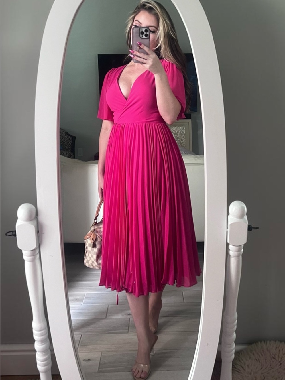 Lulu's Hot Pink Wrap Midi Dress with Pleated Skirt